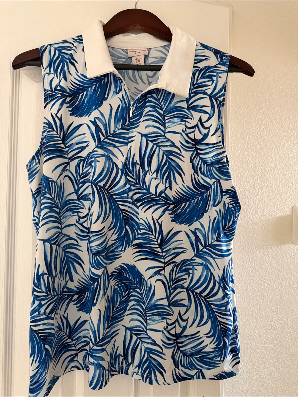 Tommy Bahama Sleeveless Blue Leaf Print Polo Golf Top - White Collar